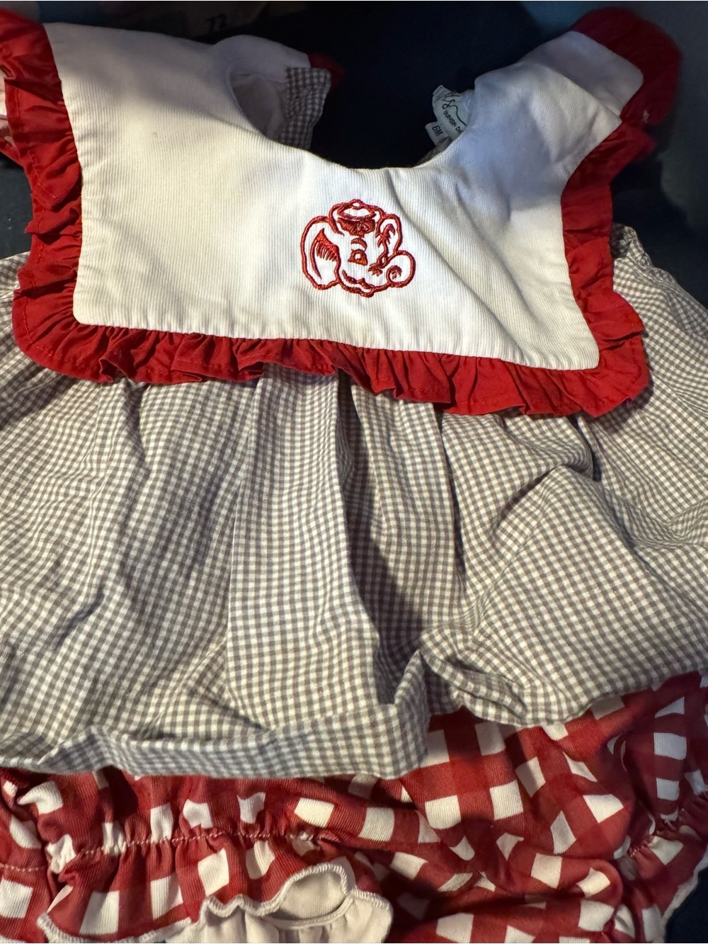 Red & White Ruffle Baby Dress with Elephant Alabama Embroidery